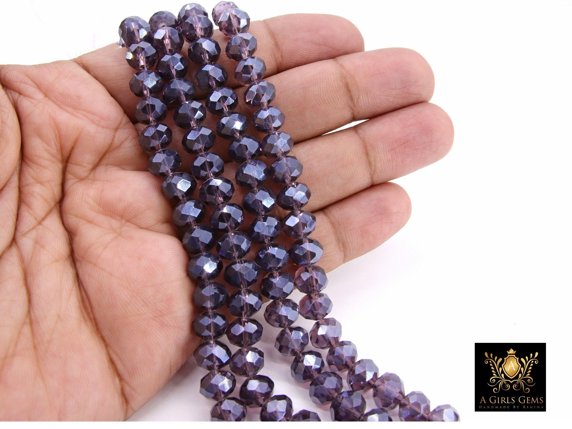 Purple Crystal Beads, Shimmery Faceted AB Crystal Rondelle Beads BS #178, sizes 8 x 6 mm, 16 inch Strands