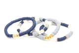 Heishi Beaded Bracelet, Blue Gray White Gold Stretchy Bracelet, Georgetown Team School Spirit Clay Beaded Bracelets