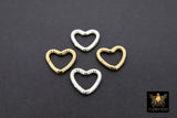 925 Sterling Silver Heart Push Clasp, 14 mm Gold Plated Spring Heart Shaped #2286, Clip Connector