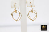 Gold Double Heart 3 D Hoop Ear Rings, 16 mm Gold Heart Shape Charms #504, Heart Gold Hoops