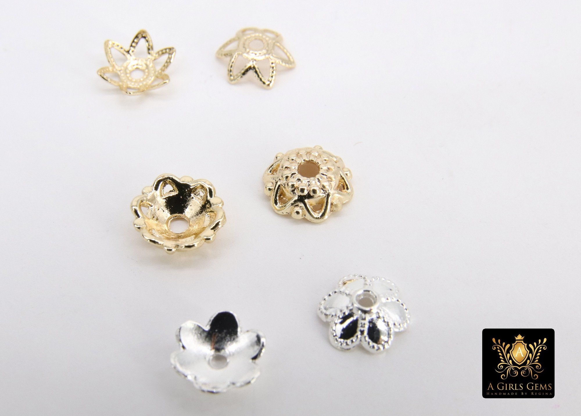 Gold Bead Caps, 8 mm Silver Bead End Caps Styles #3415, Round Petal Star Discs, High Quality Smooth Plating, Jewelry Findings